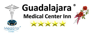 Picture of a logo for the Guadalajara Medical Center Inn.  The logo shows a medical symbol, 5 medistars, and a red rose.